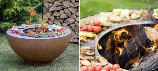그릴 고리와 야외 요리 BBQ 자연적 녹슨 코르텐 강 화재 용기